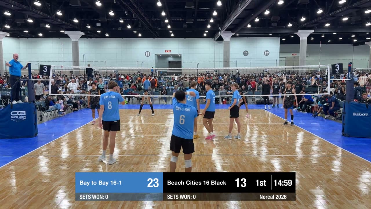 Bay to Bay 16-1 vs Beach Cities 16 Black at SoCal Cup, filmed from a tall tripod behind the end line, centered: the players fill most of the frame, the image is clear and well-lit, net, both antennas and the far end line in frame.